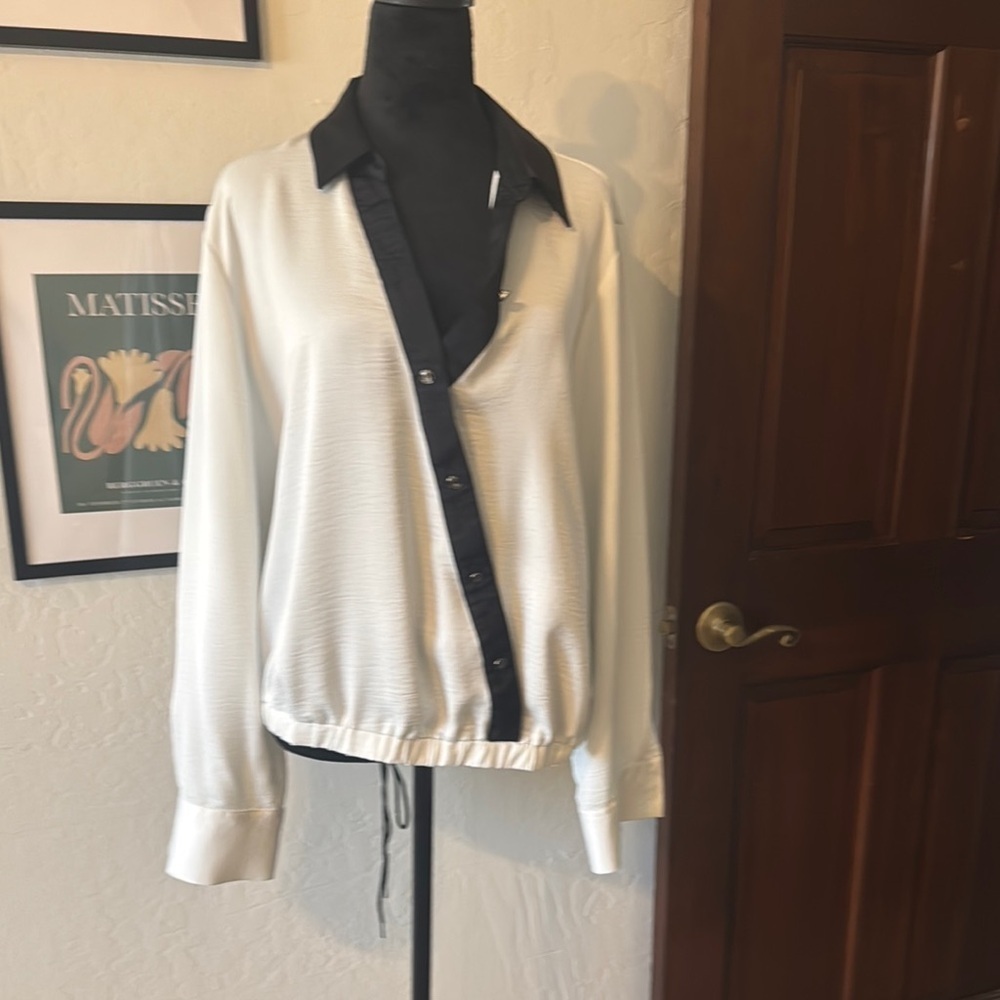 Karl Lagerfeld Black and White Blouse with Draped Front